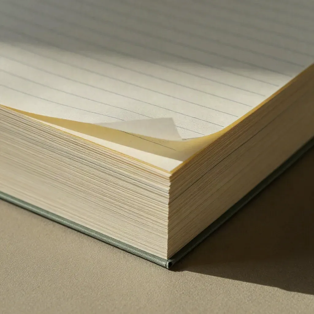Makro av ett A4-linjeblock med uppfläktade hörnblad och hårt sidoljus.